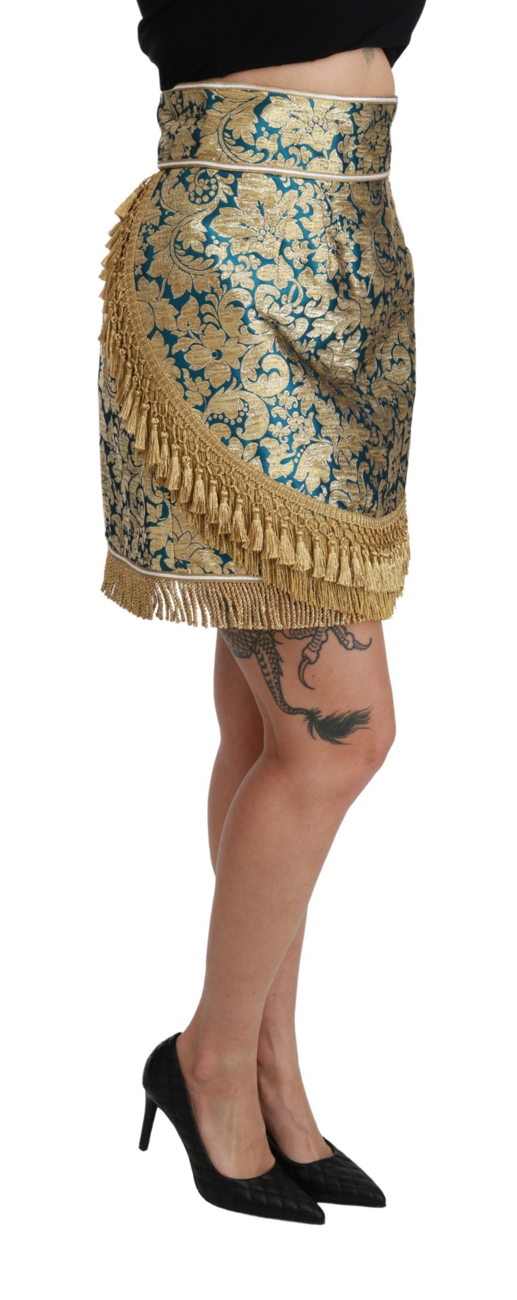 Jupe en jacquard bleu taille haute à pampilles dorées Dolce & Gabbana