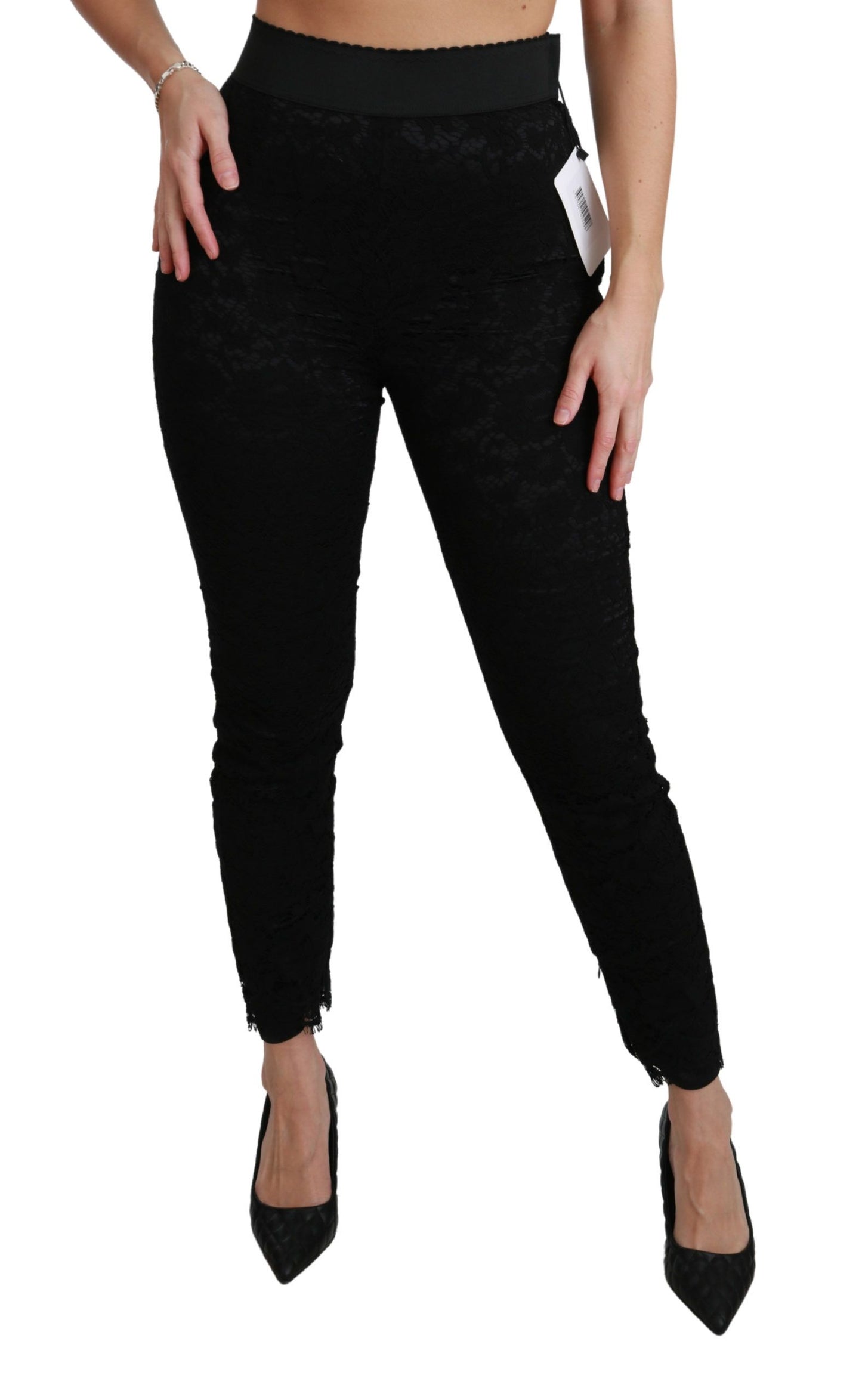 Pantalon skinny taille haute en coton noir et dentelle Dolce & Gabbana