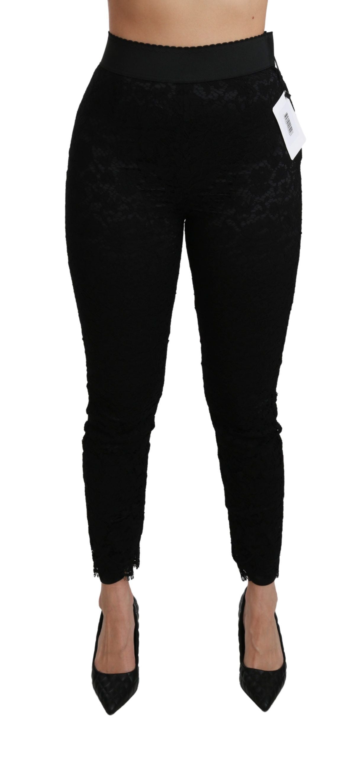 Pantalon skinny taille haute en coton noir et dentelle Dolce & Gabbana