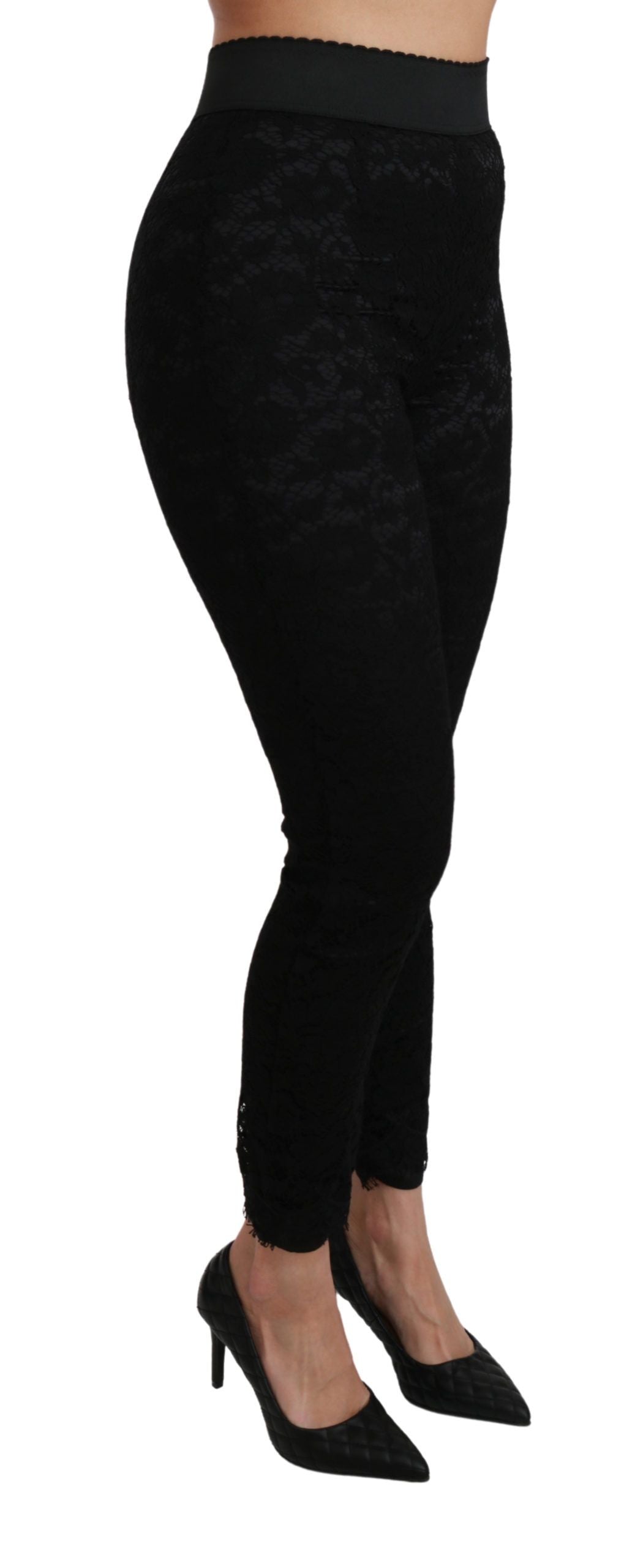 Pantalon skinny taille haute en coton noir et dentelle Dolce & Gabbana