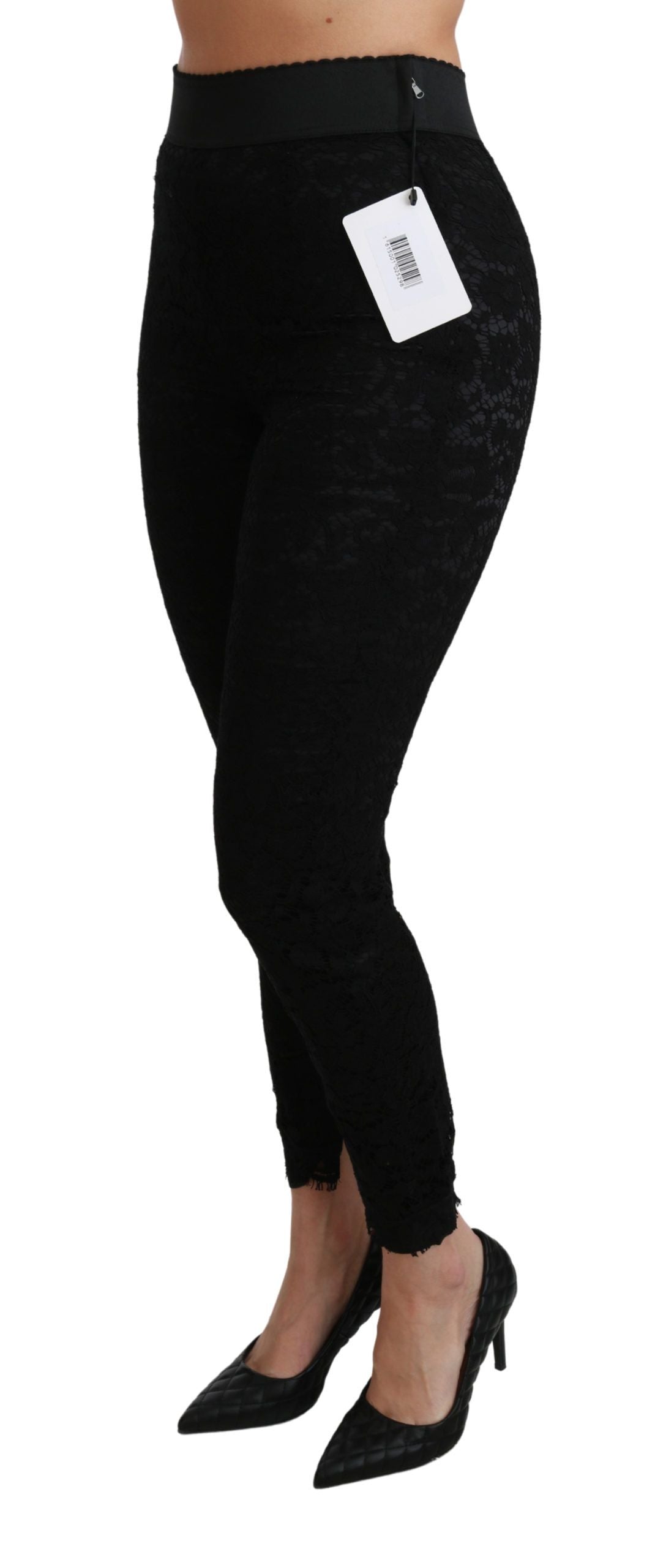 Pantalon skinny taille haute en coton noir et dentelle Dolce & Gabbana