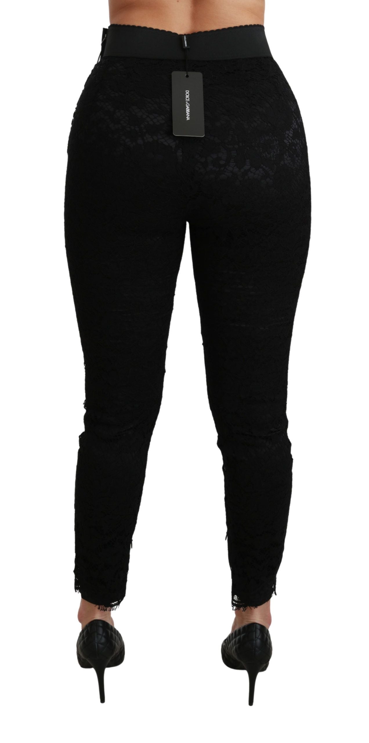 Pantalon skinny taille haute en coton noir et dentelle Dolce & Gabbana