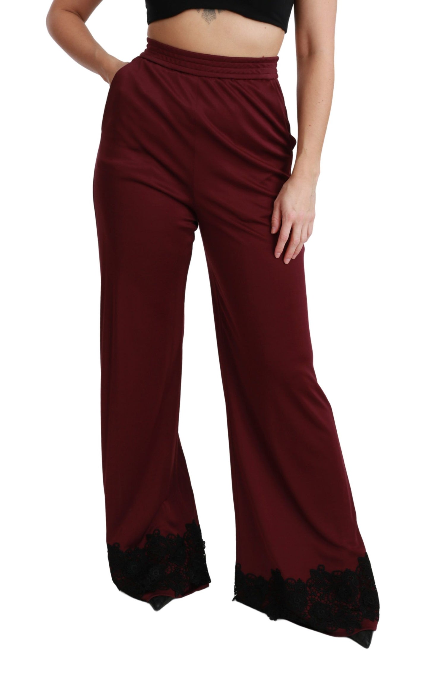 Pantalon large taille haute en dentelle noire Dolce & Gabbana bordeaux