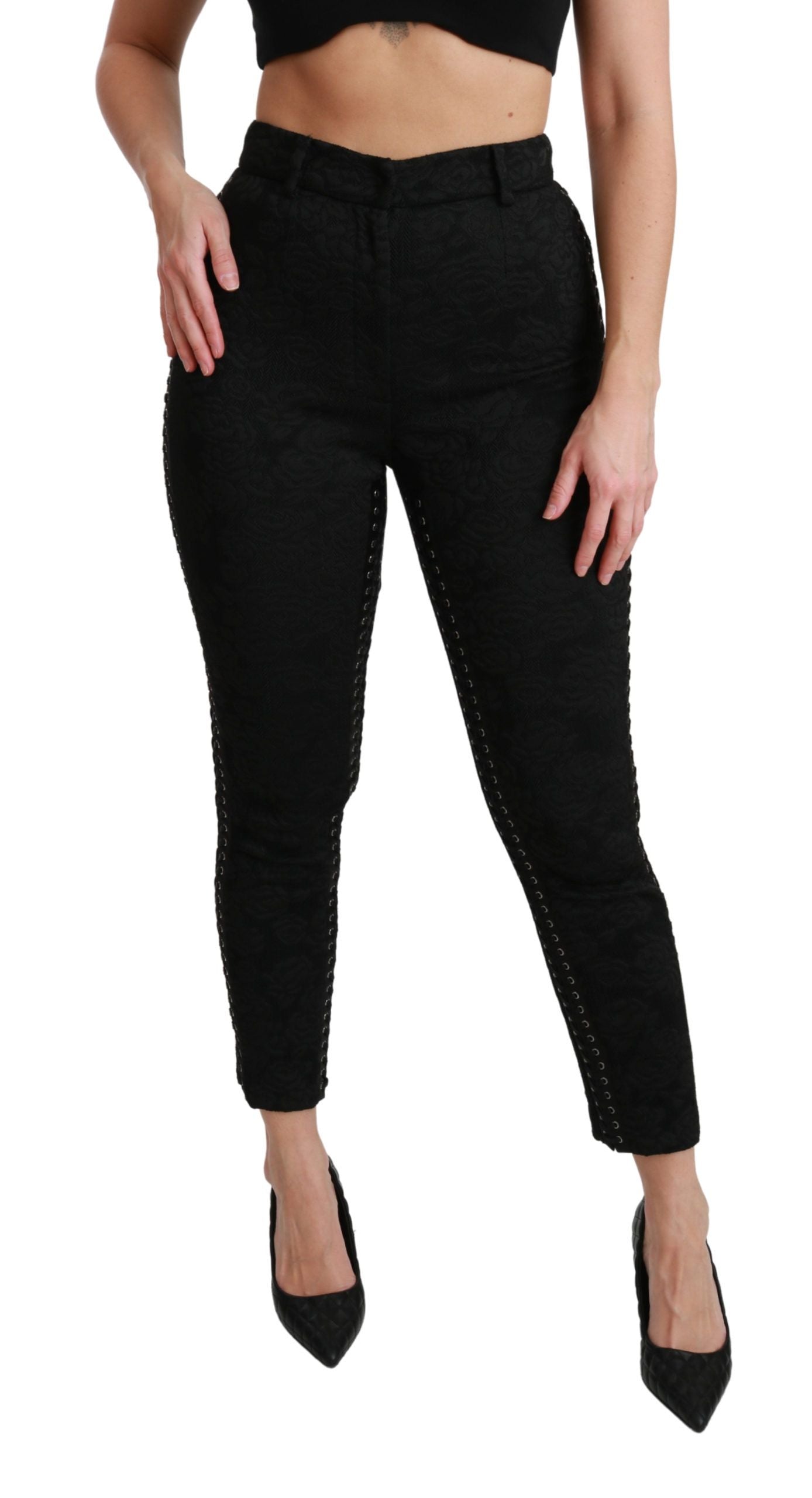 Pantalon skinny taille haute en brocart noir Dolce & Gabbana