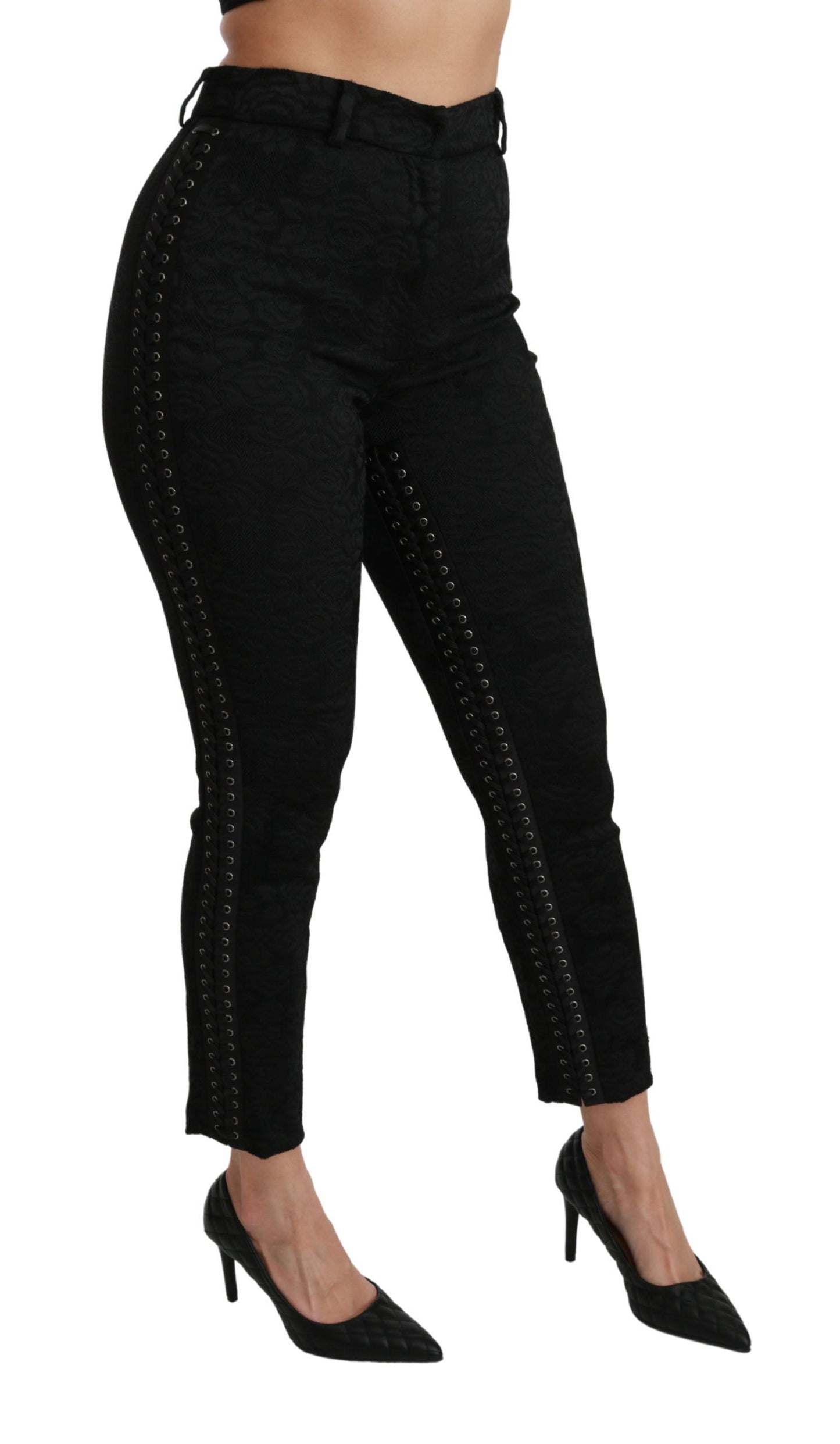 Pantalon skinny taille haute en brocart noir Dolce & Gabbana