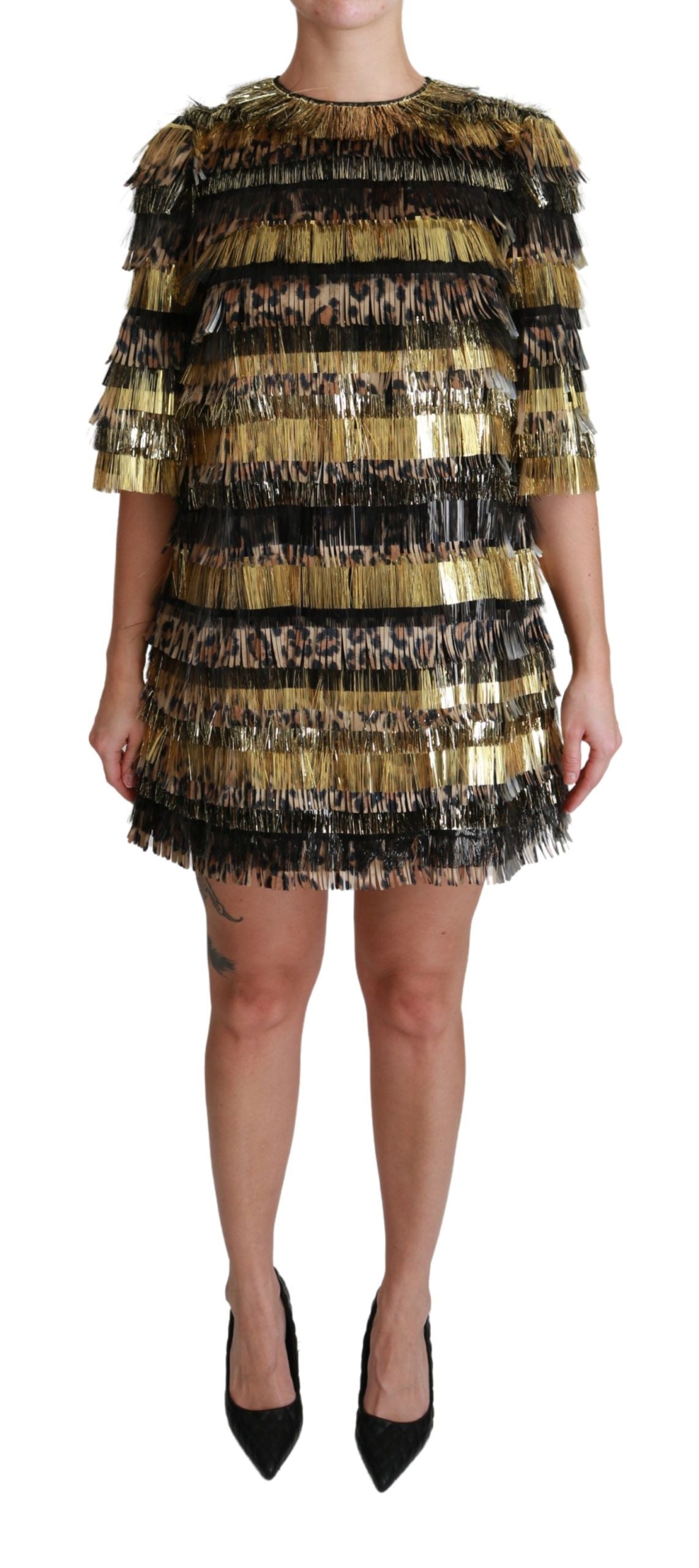 Robe courte droite en polyester noir et doré à motif léopard Dolce & Gabbana
