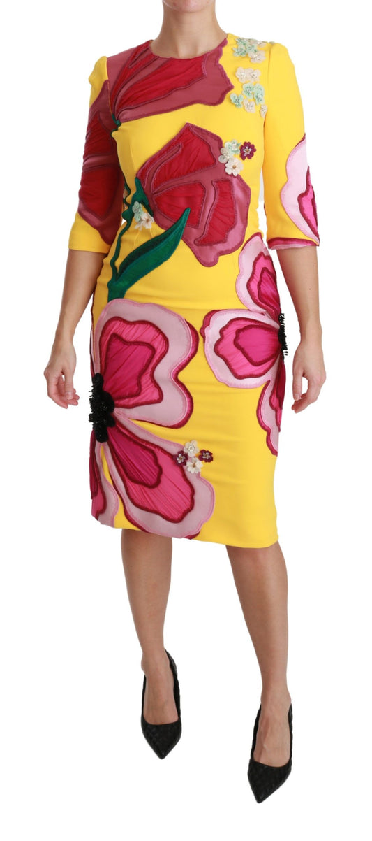 Robe fourreau moulante jaune à fleurs et cristaux Dolce & Gabbana