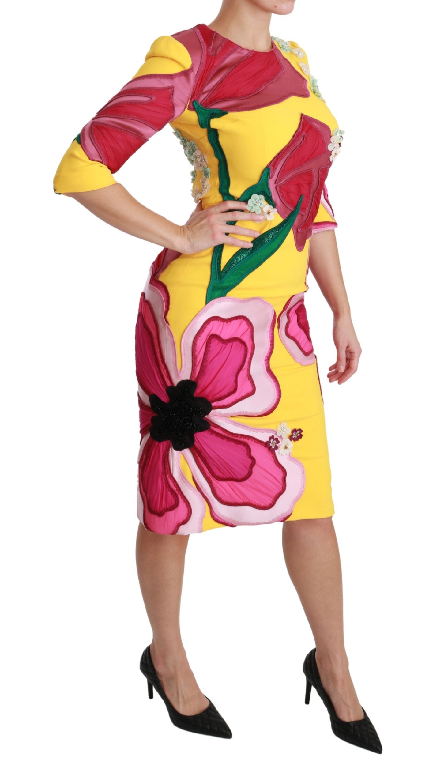 Robe fourreau moulante jaune à fleurs et cristaux Dolce & Gabbana