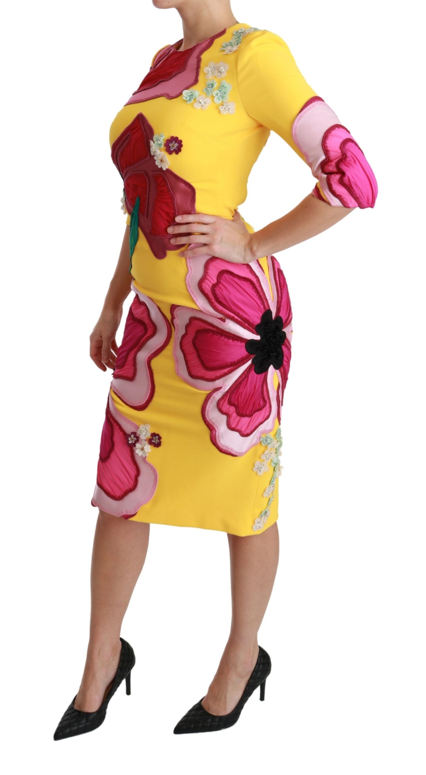 Robe fourreau moulante jaune à fleurs et cristaux Dolce & Gabbana