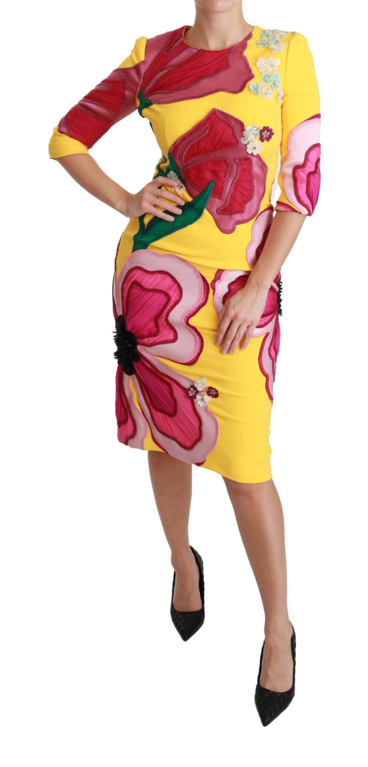 Robe fourreau moulante jaune à fleurs et cristaux Dolce & Gabbana