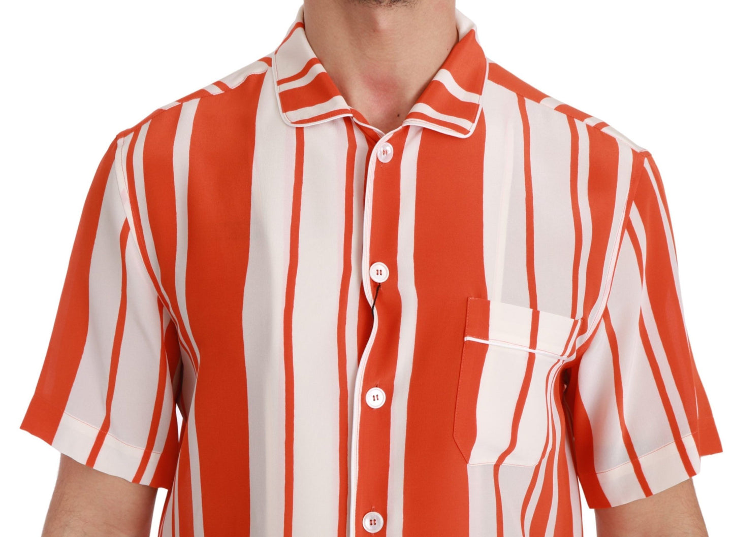 Dolce & Gabbana Orange Silk Striped Short Sleeve White Shirt