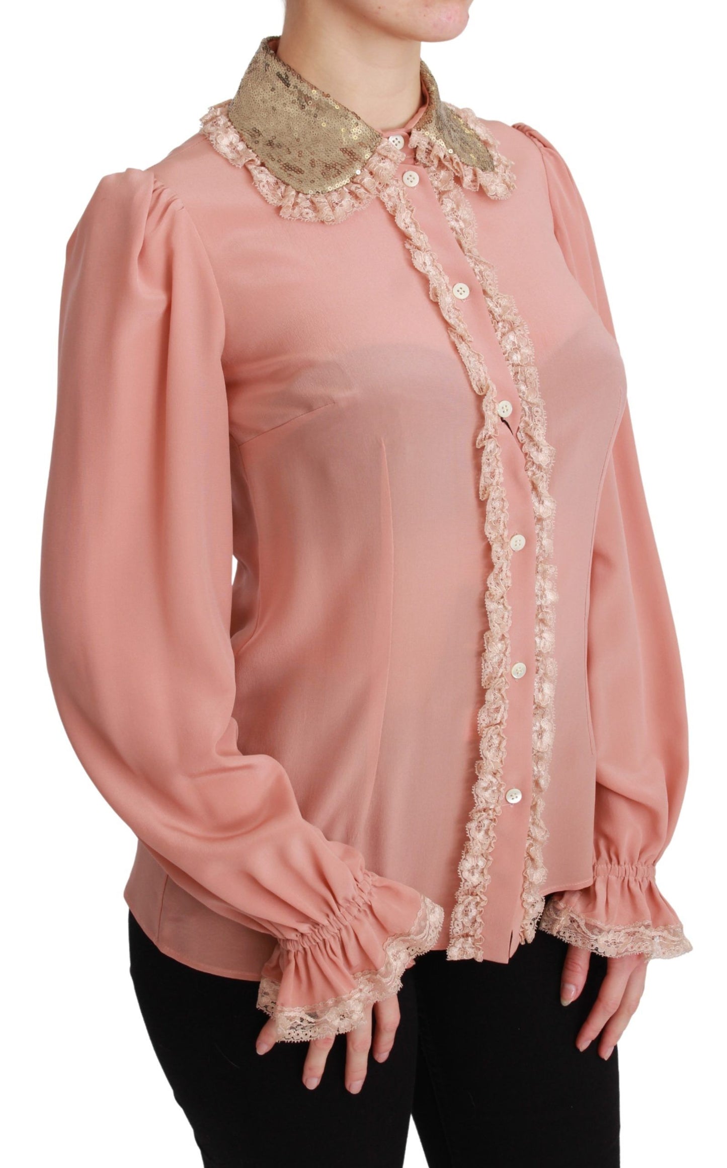 Dolce & Gabbana Blusenhemd aus rosa Seide mit goldenen Pailletten und Spitze
