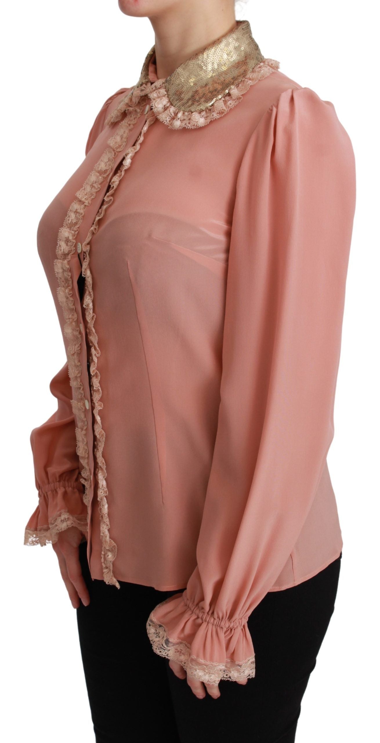 Dolce & Gabbana Blusenhemd aus rosa Seide mit goldenen Pailletten und Spitze