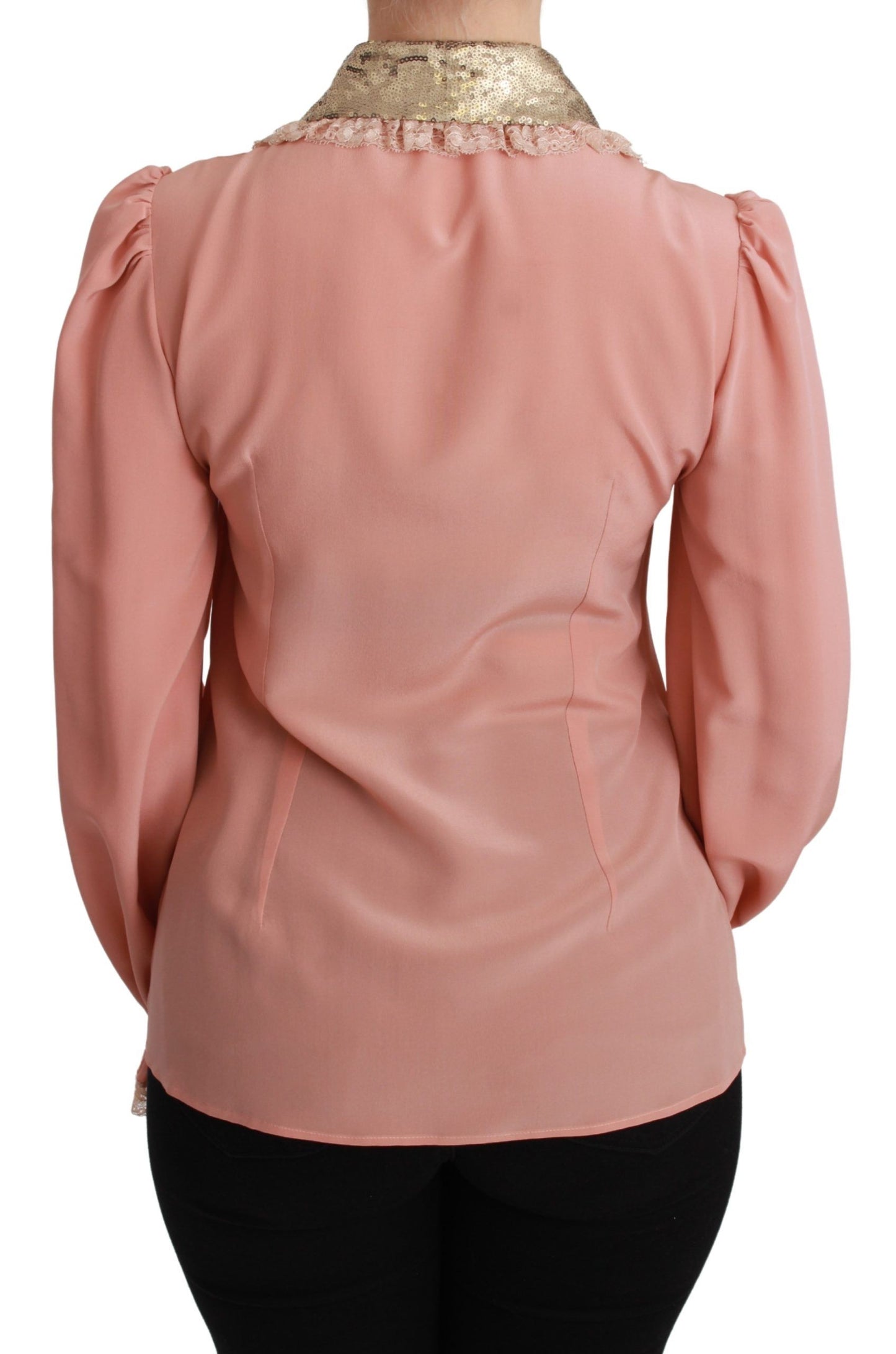 Dolce & Gabbana Blusenhemd aus rosa Seide mit goldenen Pailletten und Spitze