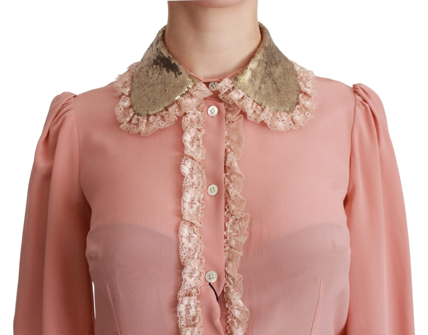 Dolce & Gabbana Blusenhemd aus rosa Seide mit goldenen Pailletten und Spitze