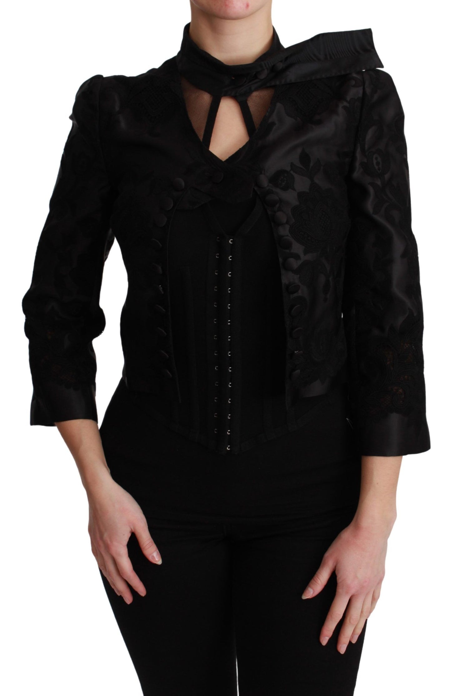 Veste blazer en soie à motif floral noir Dolce & Gabbana