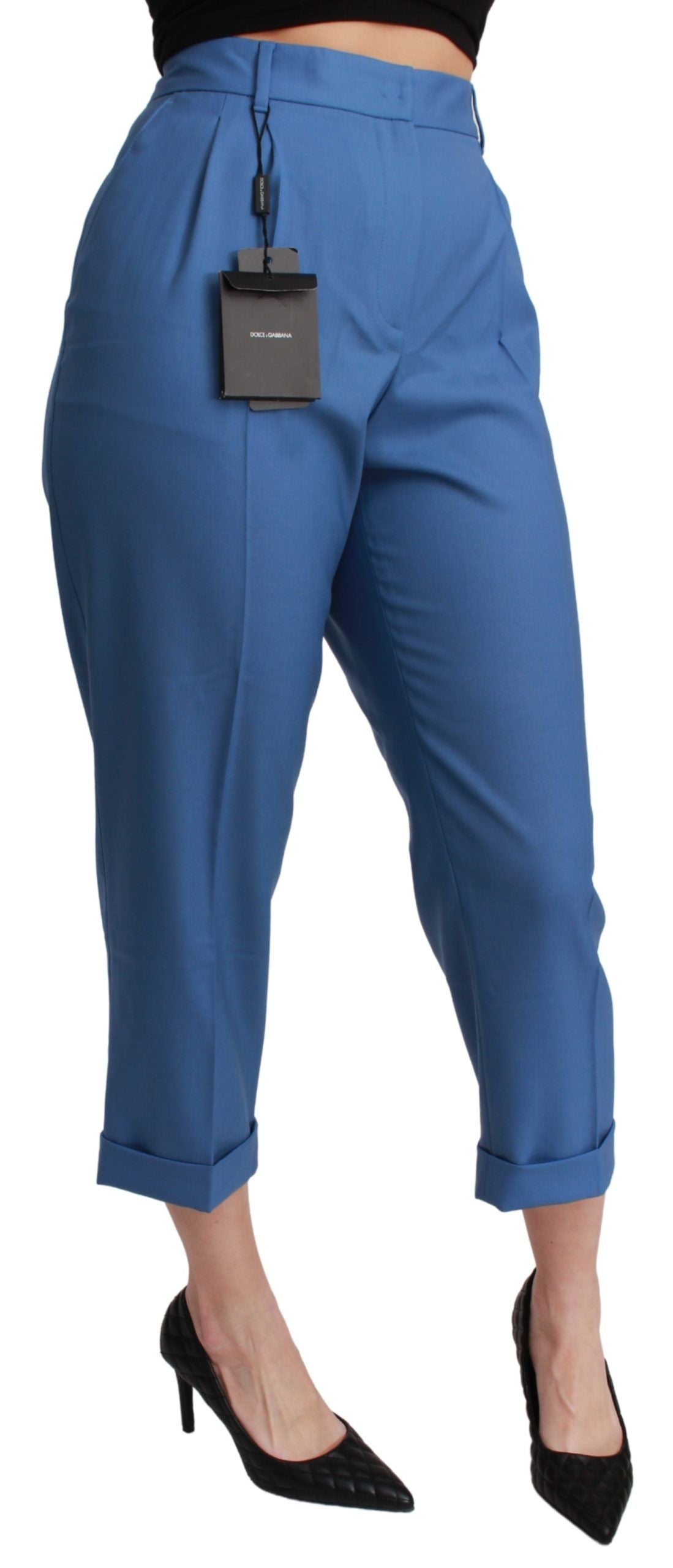 Pantalon court à revers en laine plissée bleue Dolce & Gabbana