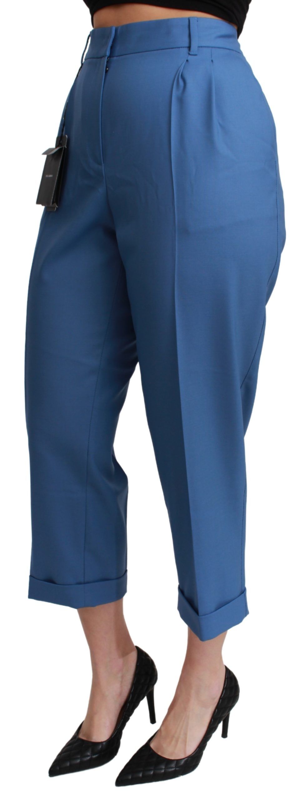Pantalon court à revers en laine plissée bleue Dolce & Gabbana