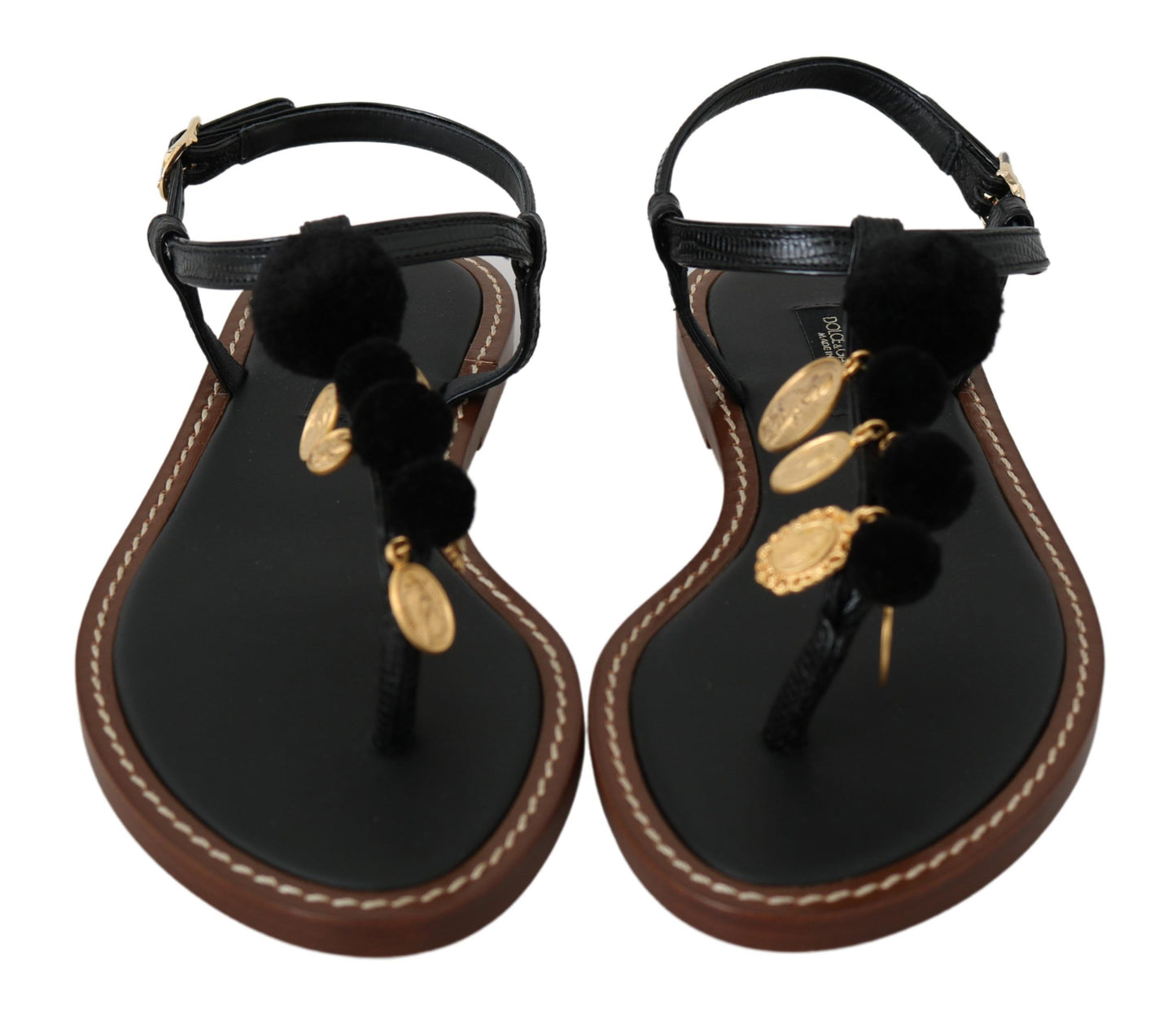 Tongs Dolce & Gabbana en cuir noir avec pièces de monnaie