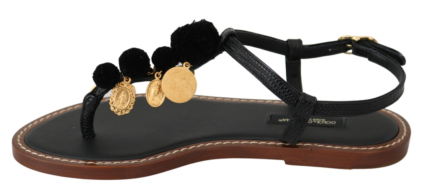 Tongs Dolce & Gabbana en cuir noir avec pièces de monnaie