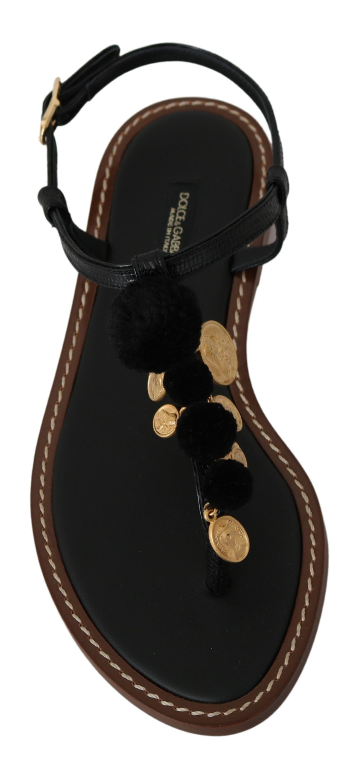 Tongs Dolce & Gabbana en cuir noir avec pièces de monnaie