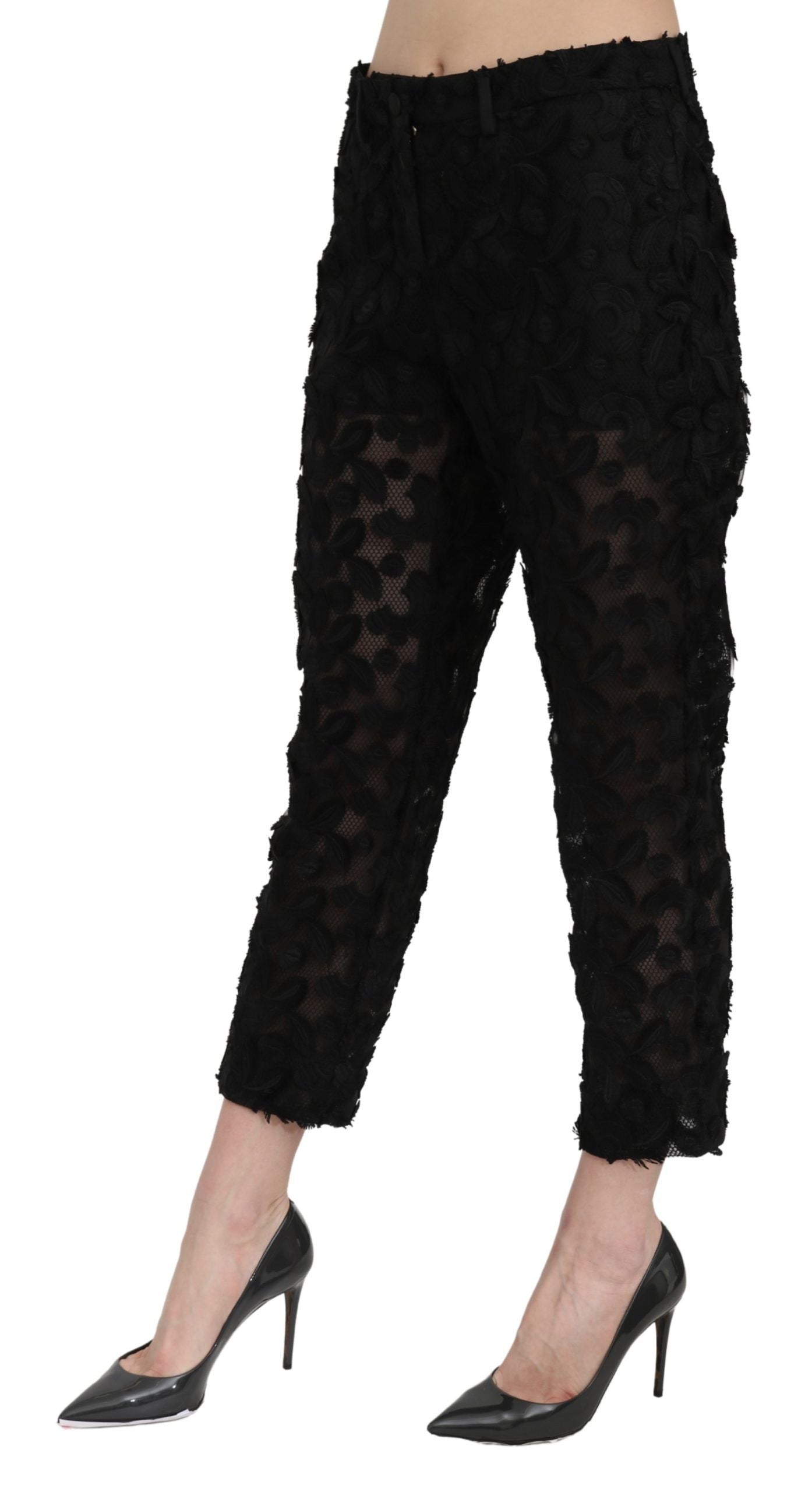 Pantalon droit court taille haute en dentelle noire Dolce & Gabbana