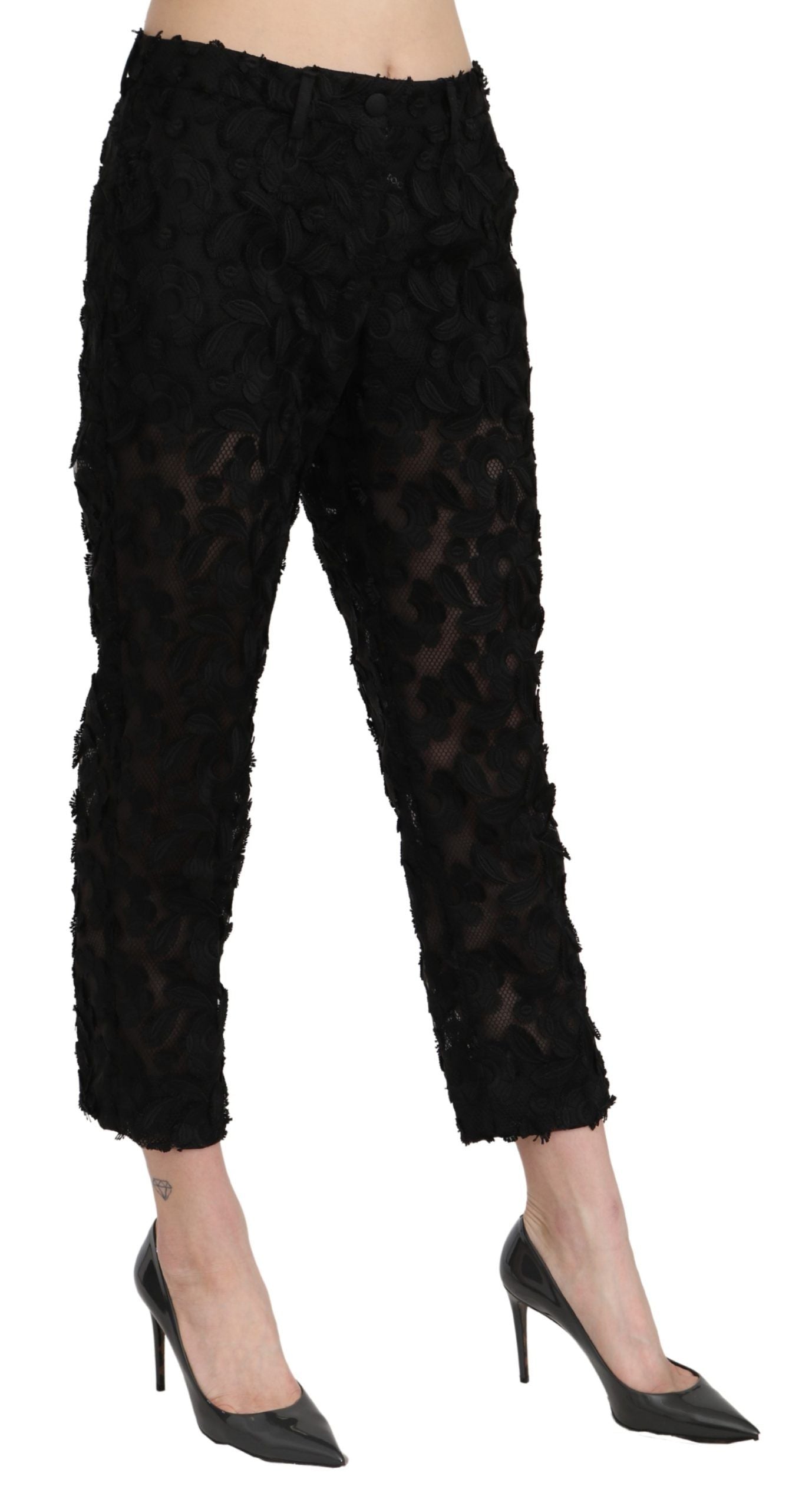 Pantalon droit court taille haute en dentelle noire Dolce & Gabbana