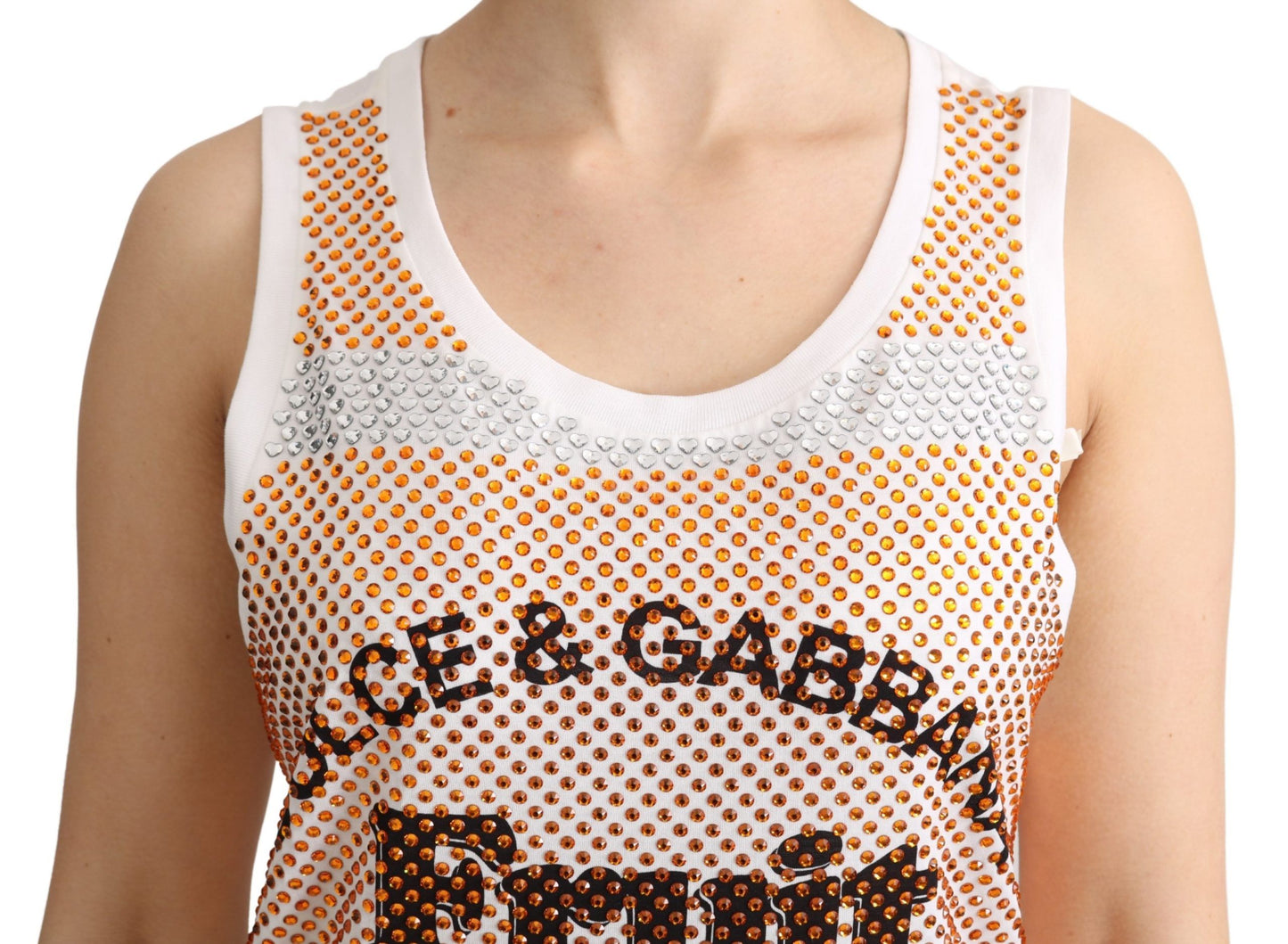 Dolce & Gabbana Weiß-Orange Kristall Ärmelloses Tanktop aus Baumwolle