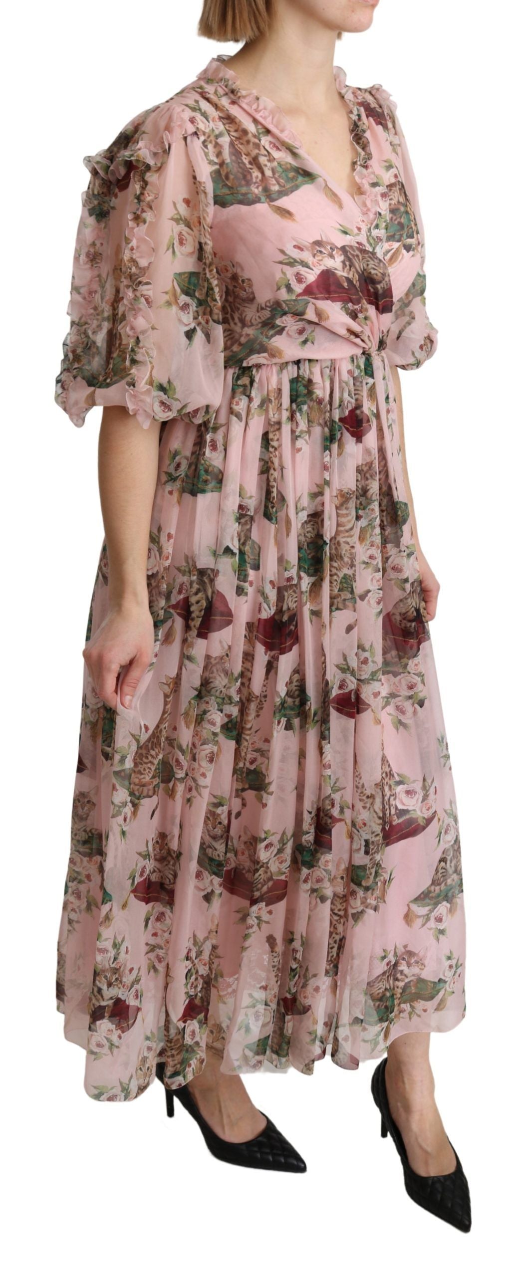 Robe longue trapèze en soie rose à imprimé chat du Bengale Dolce & Gabbana
