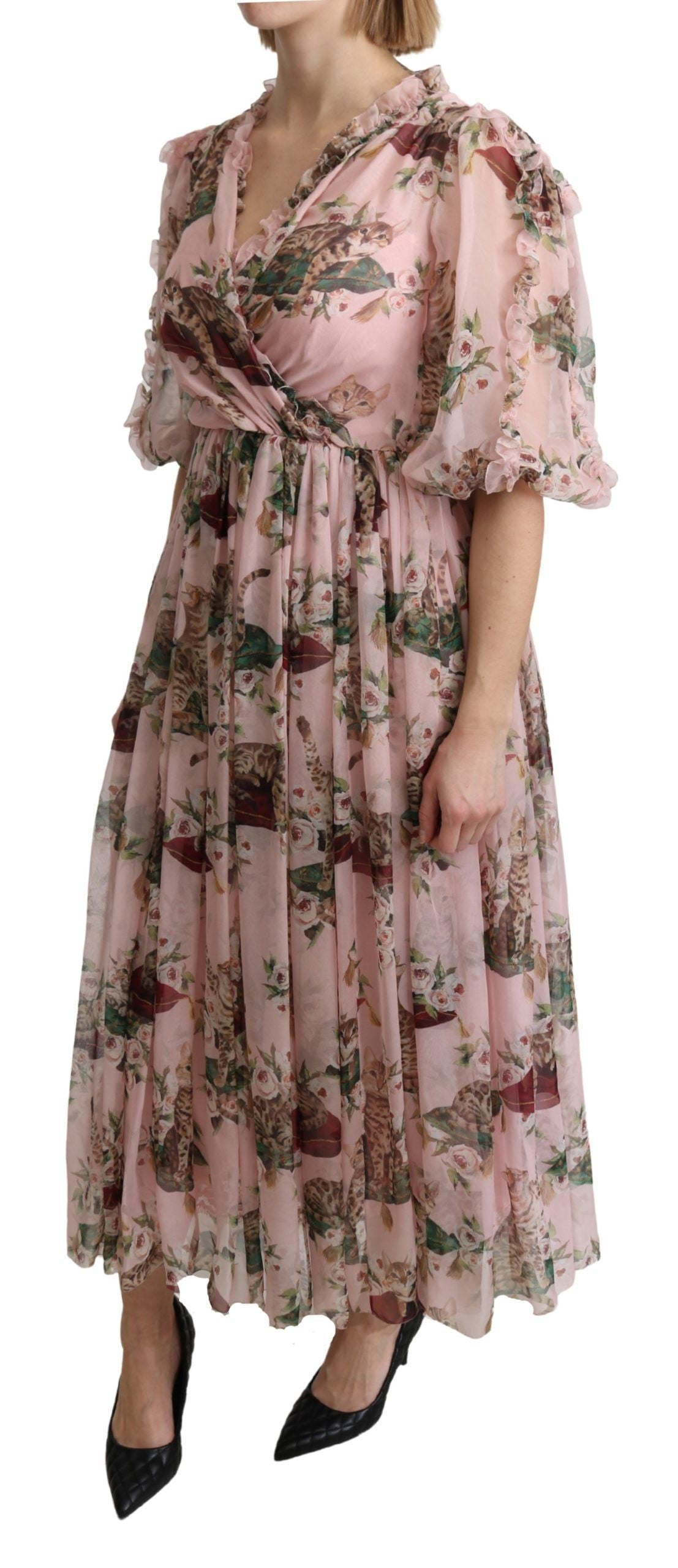 Robe longue trapèze en soie rose à imprimé chat du Bengale Dolce & Gabbana