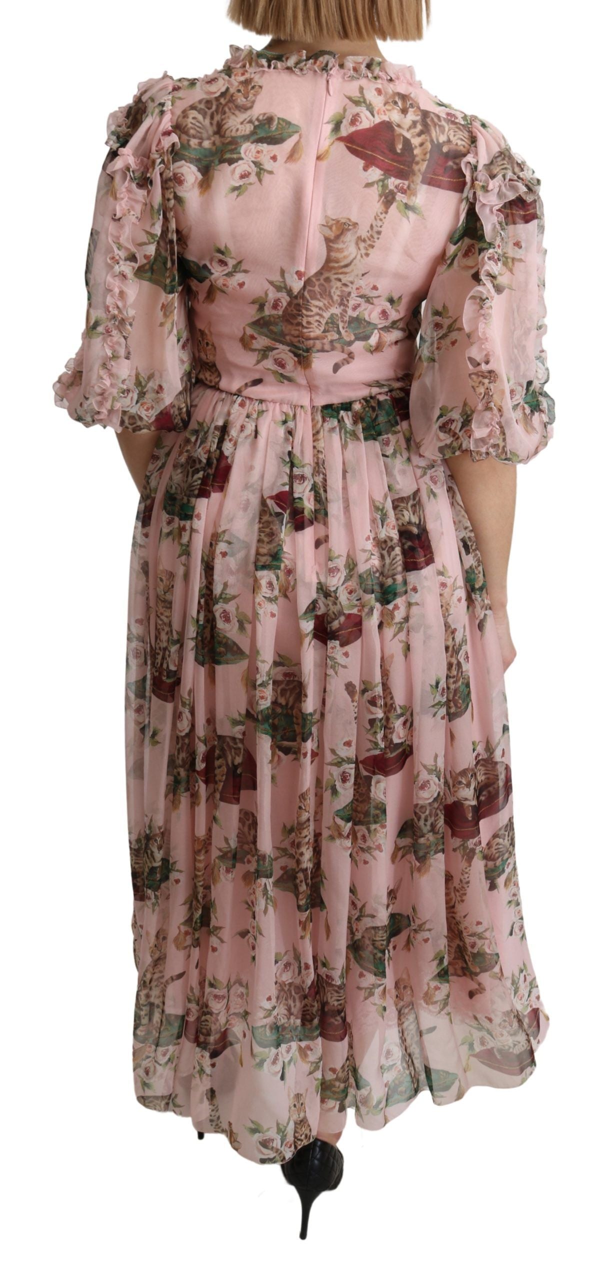 Robe longue trapèze en soie rose à imprimé chat du Bengale Dolce & Gabbana