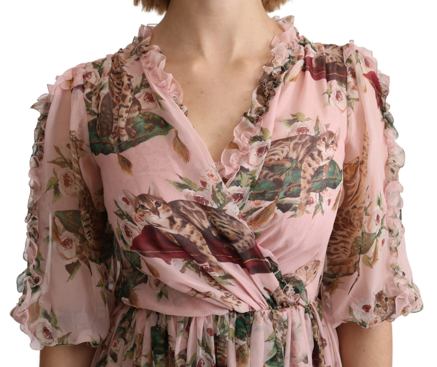 Robe longue trapèze en soie rose à imprimé chat du Bengale Dolce & Gabbana