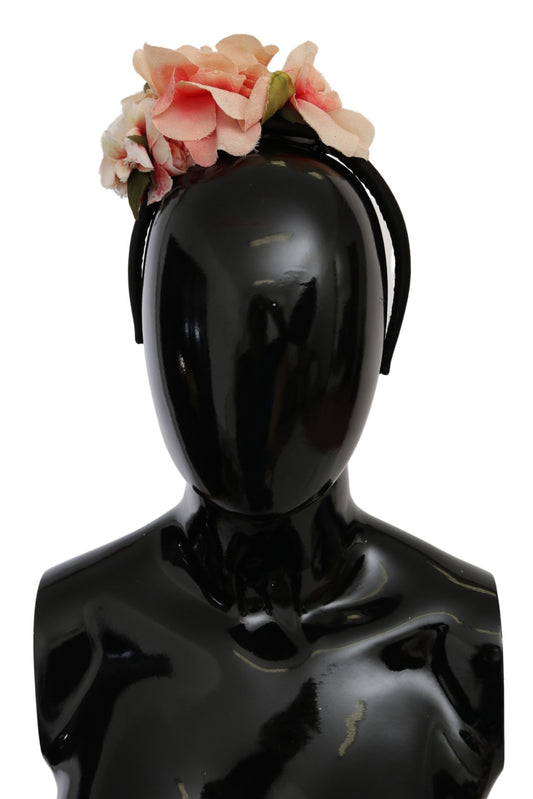 Bandeau à fleurs noires en soie rose Dolce & Gabbana avec logo diadème