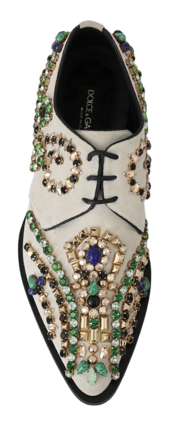 Dolce & Gabbana – Weiße Broque-Schuhe aus Wildleder mit Kristallen