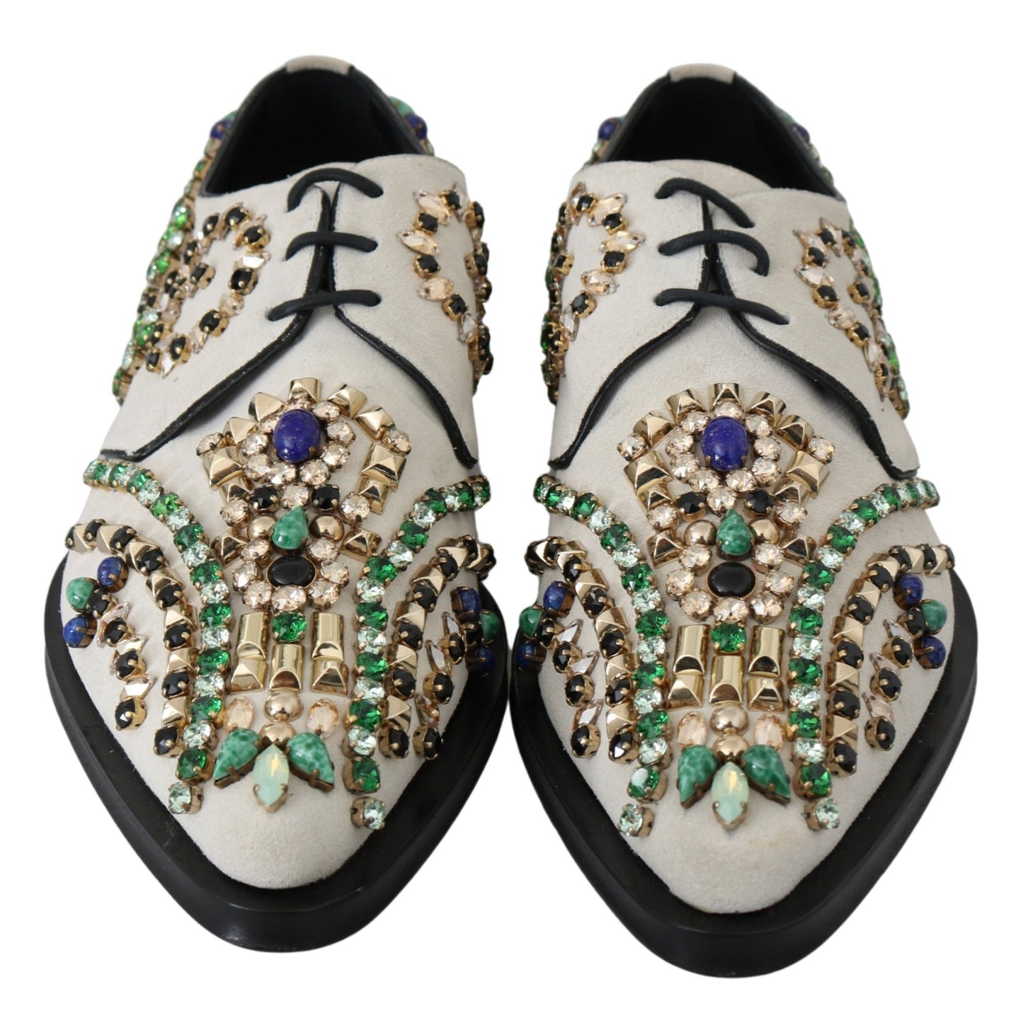 Dolce & Gabbana – Weiße Broque-Schuhe aus Wildleder mit Kristallen