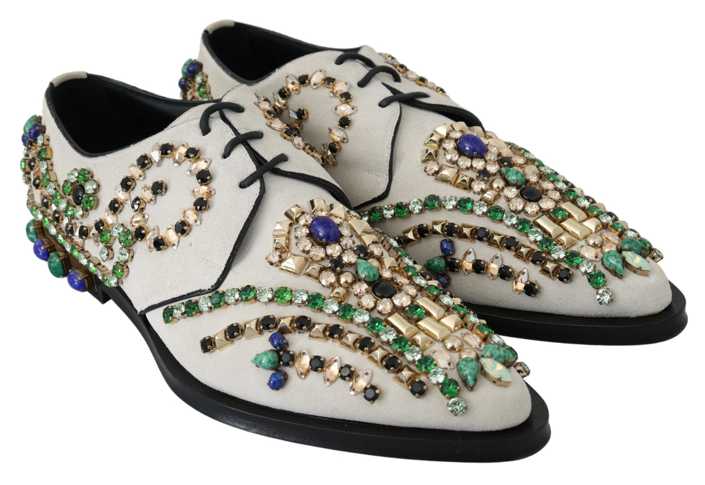 Dolce & Gabbana – Weiße Broque-Schuhe aus Wildleder mit Kristallen