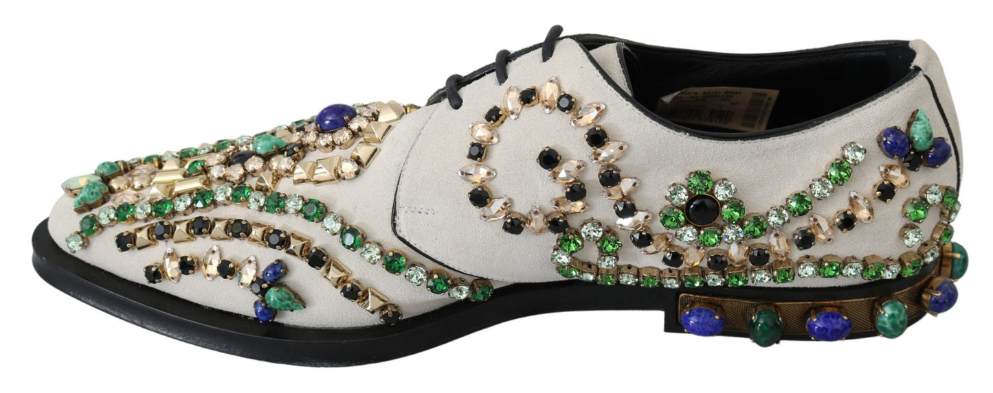 Dolce & Gabbana – Weiße Broque-Schuhe aus Wildleder mit Kristallen