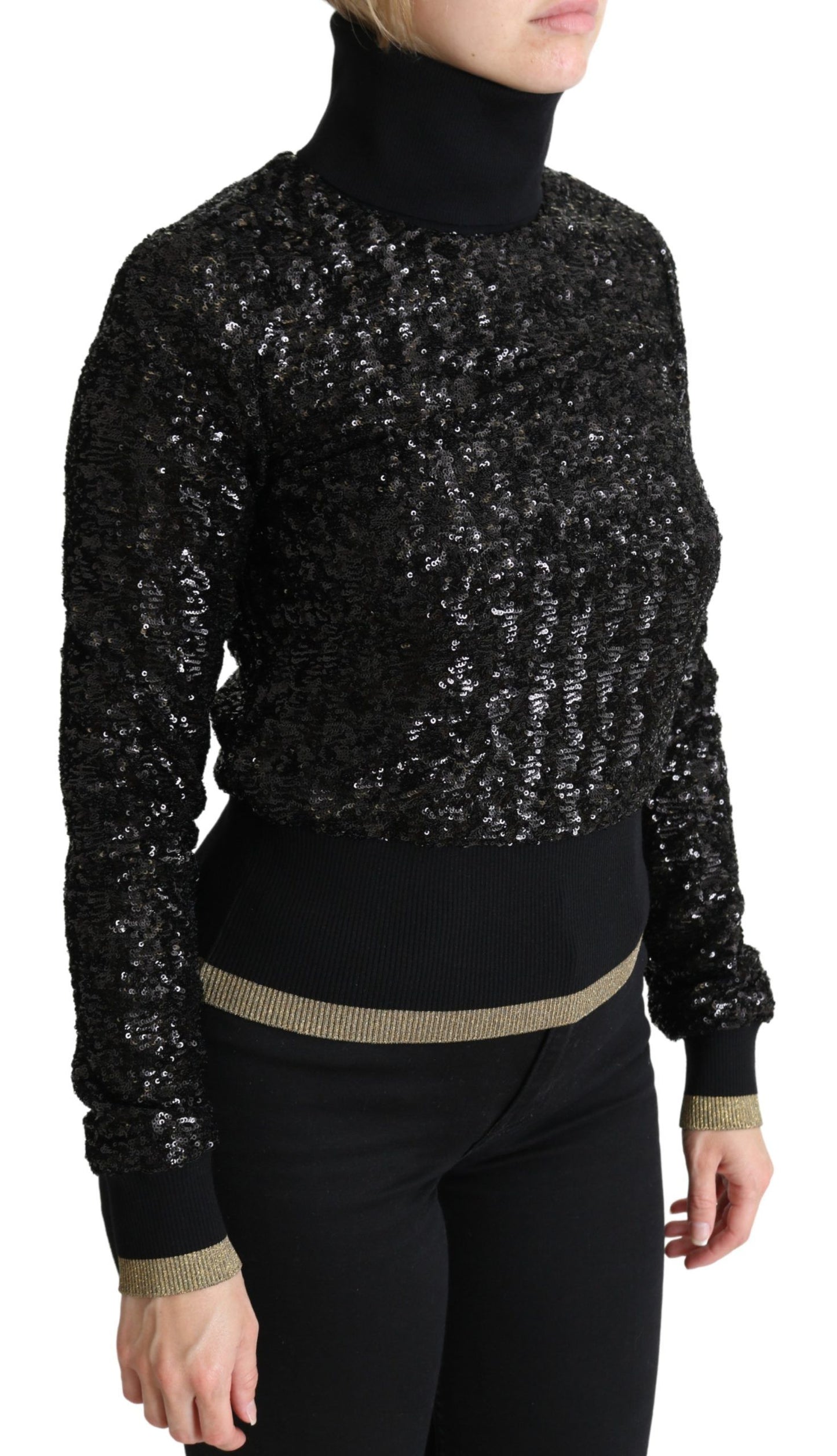 Pull col roulé en maille noire à paillettes Dolce & Gabbana
