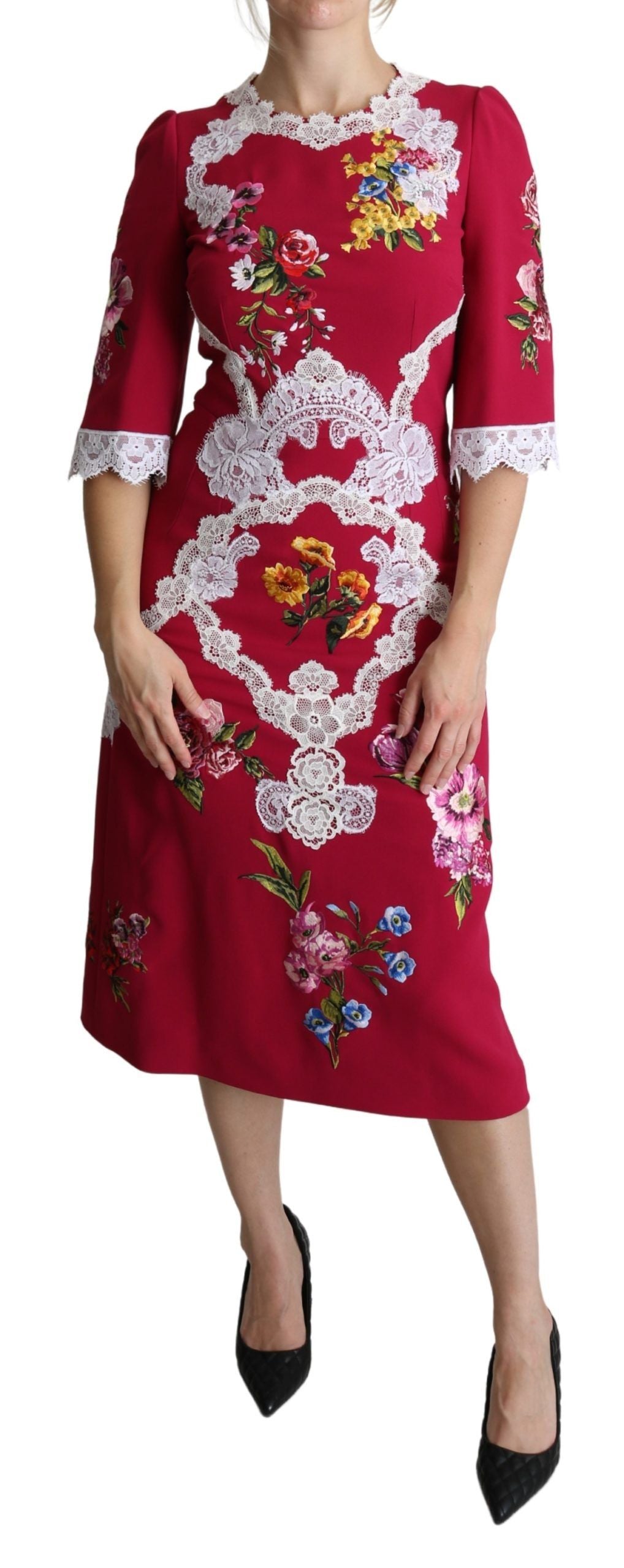 Dolce & Gabbana – Rotes Midi-Etuikleid mit Blumenstickerei