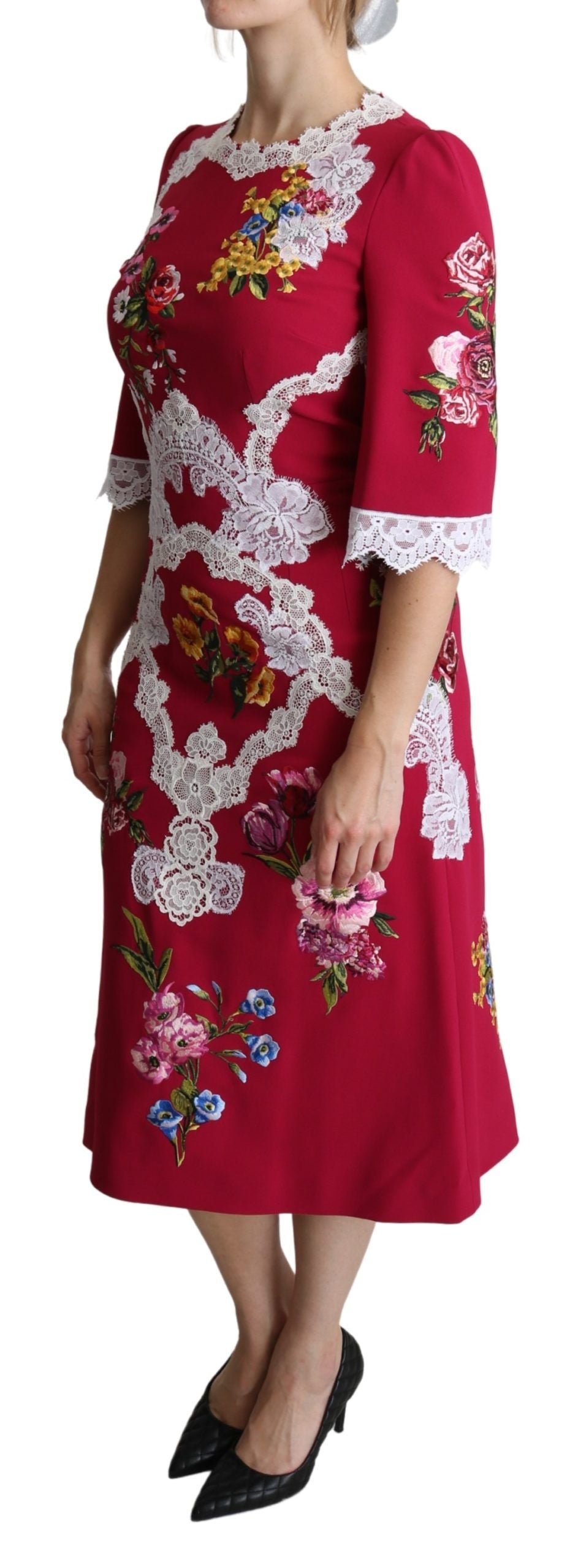 Dolce & Gabbana – Rotes Midi-Etuikleid mit Blumenstickerei