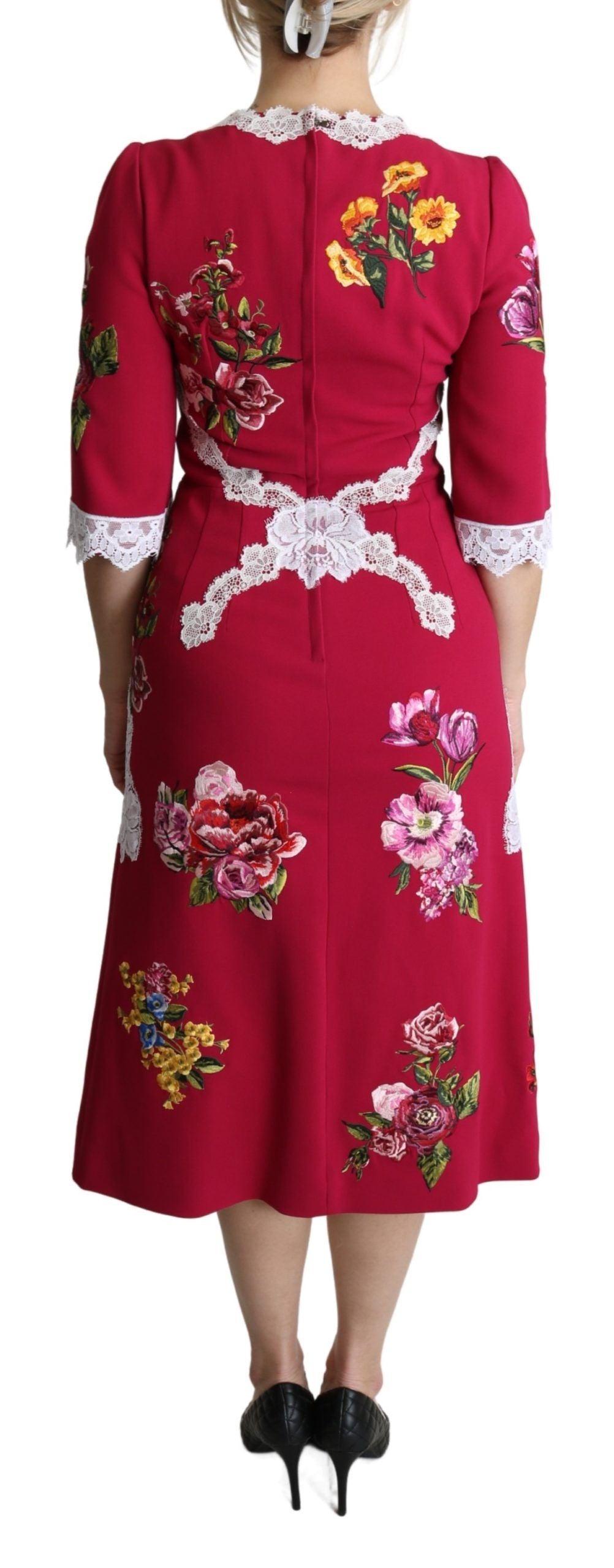 Dolce & Gabbana – Rotes Midi-Etuikleid mit Blumenstickerei