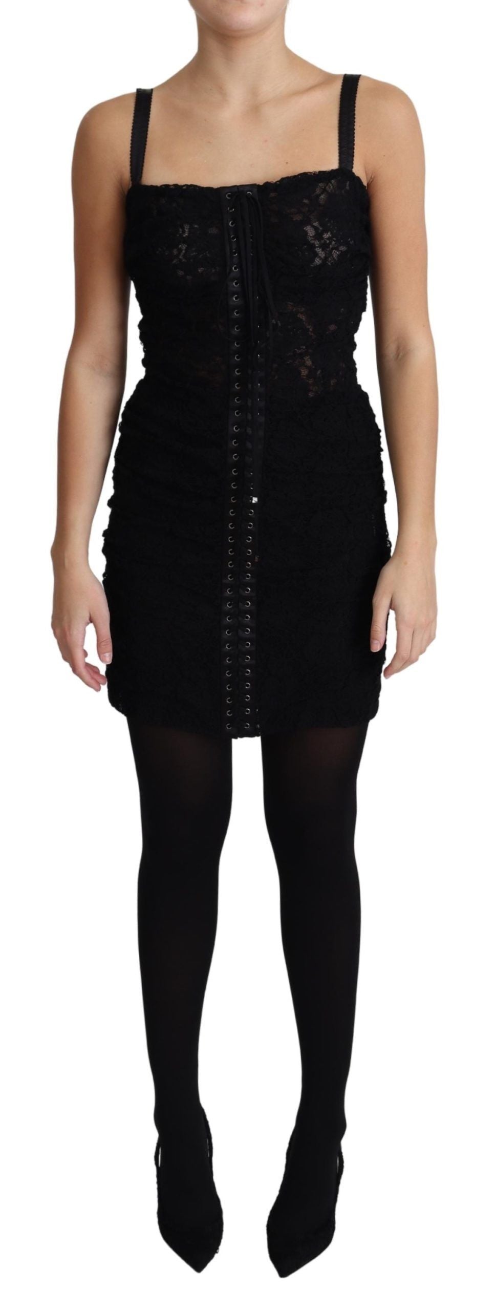 Mini-robe bustier corset à fleurs et lacets noire Dolce & Gabbana