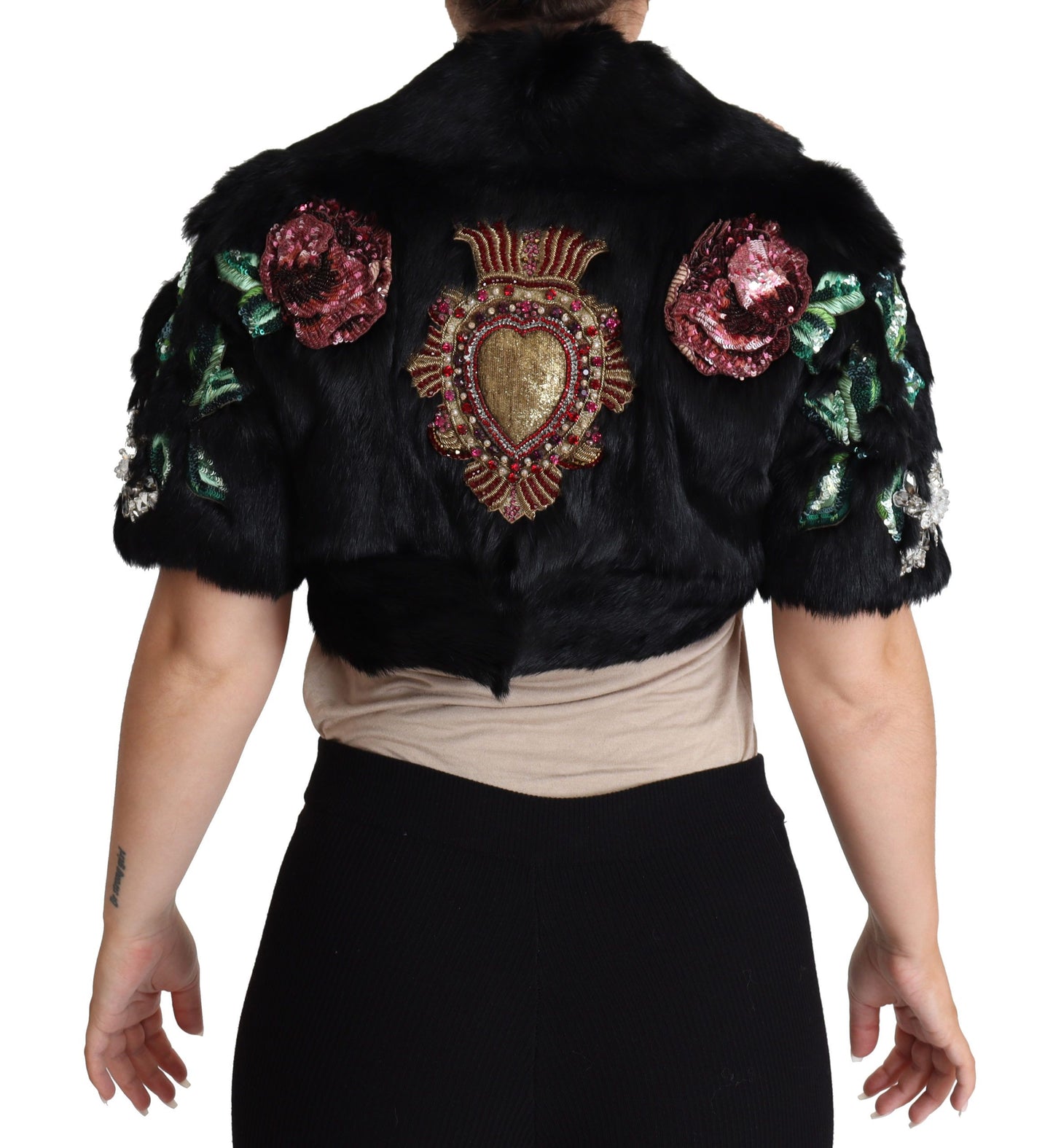 Manteau en fourrure de lapin noir à paillettes et cristaux Dolce & Gabbana