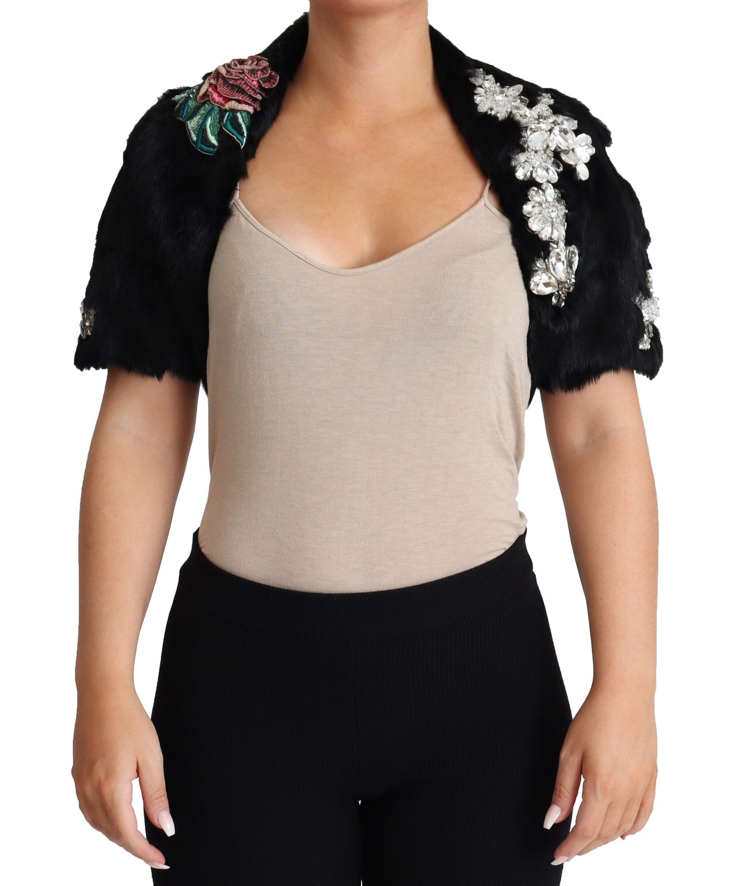 Manteau en fourrure de lapin noir à paillettes et cristaux Dolce & Gabbana