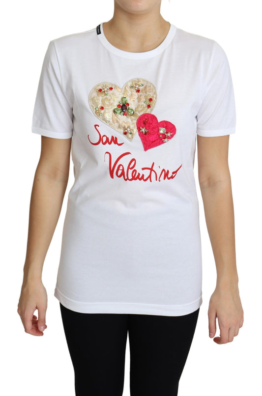 Dolce & Gabbana – Weißes T-Shirt-Oberteil mit Herz- und Kristallverzierung zum Valentinstag