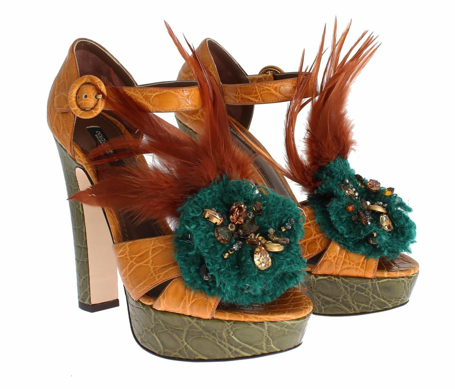 Sandales à plateforme en cuir orange et cristaux Dolce & Gabbana
