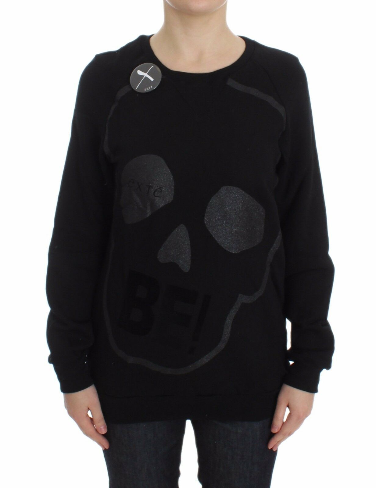 Exte Schwarzer Pullover mit Rundhalsausschnitt und Motivdruck aus Baumwolle
