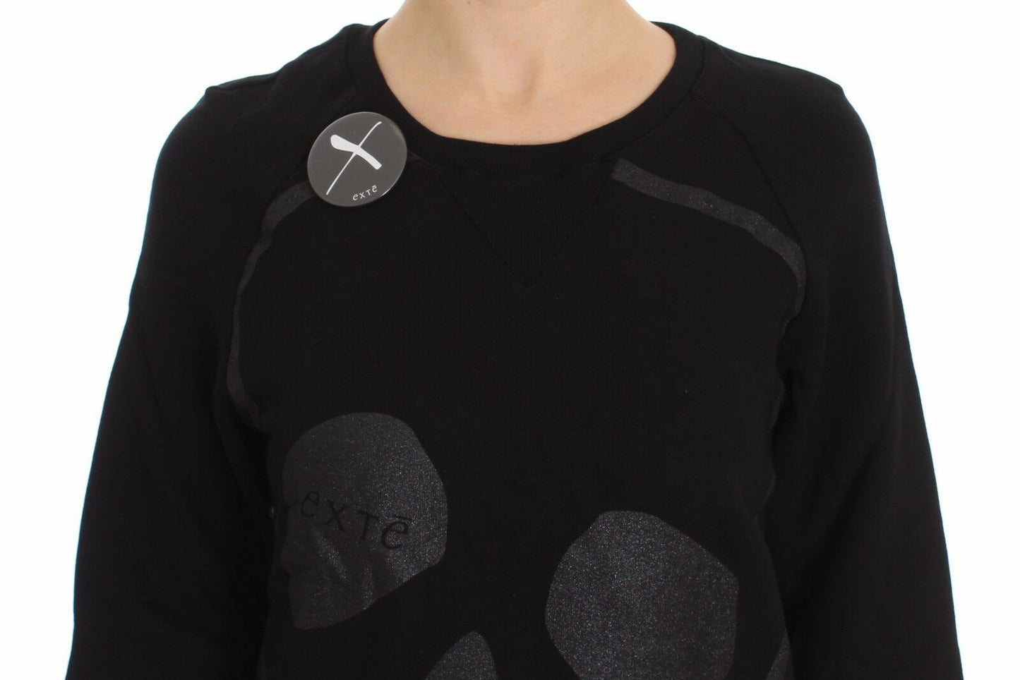 Exte Schwarzer Pullover mit Rundhalsausschnitt und Motivdruck aus Baumwolle