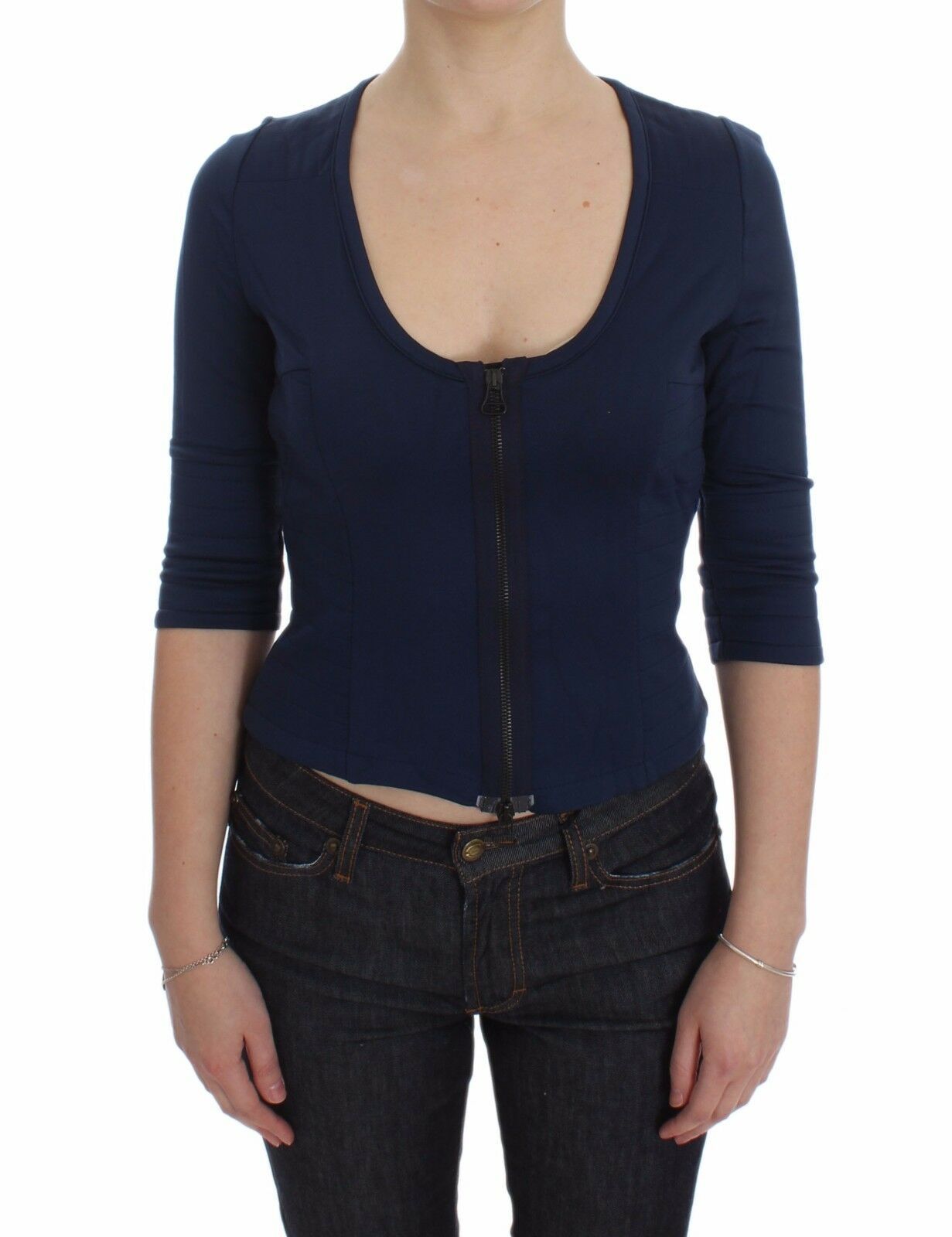 Pull ras du cou profond en coton bleu Exte avec fermeture éclair sur le dessus