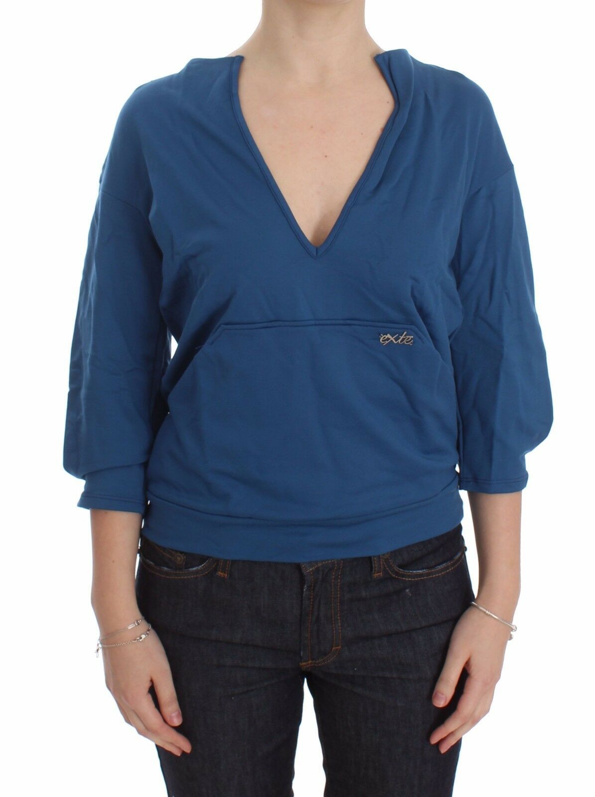 Pull en coton bleu Exte à col en V profond pour femme